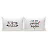Two white pillowcases with cartoon cats and 'we are purrrfect together' phrase