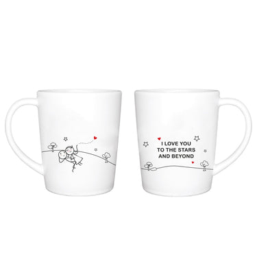 Couples coffee mugs featuring romantic designs with heart motifs, perfect as an anniversary gift for boyfriend or girlfriend