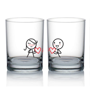 Charming decorative glassware set featuring sweet couple illustrations, perfect anniversary keepsakes for him and her.