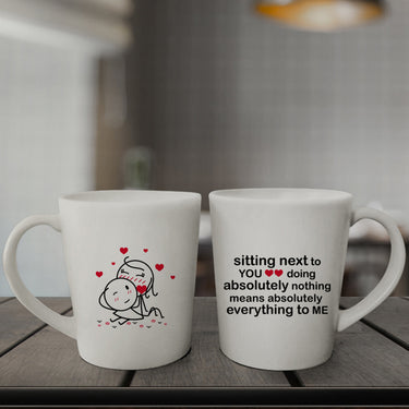 Couple mugs with sayings featuring romantic designs, perfect for sharing coffee together