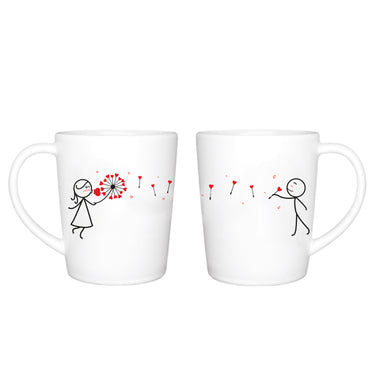 Cute anniversary gift for couples, featuring white mugs with playful stick figures and heart designs