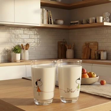 Cute anniversary glasses set featuring adorable illustrations perfect for romantic celebrations