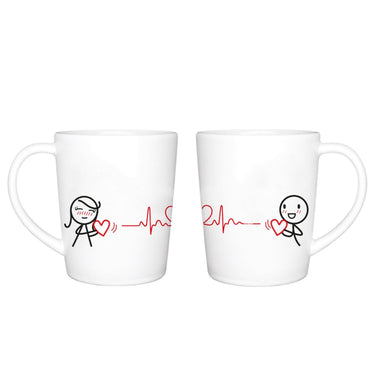 Heartbeat love mugs set featuring cute stick figures and heartbeat symbol, perfect for couples sharing coffee moments