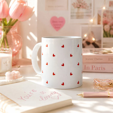 Ceramic coffee mug with red hearts polka dot design, perfect cute and romantic gift for lovers