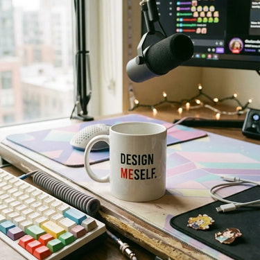 Motivational quote ceramic coffee mug with text Design Me Self for inspiring workspace decor