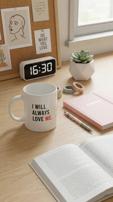 Motivational quote ceramic coffee mug with 'I Will Always Love ME' design on a cozy workspace