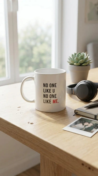 Self love meme ceramic coffee mug with 'No One Like U No One Like Me' design, perfect for cozy mornings