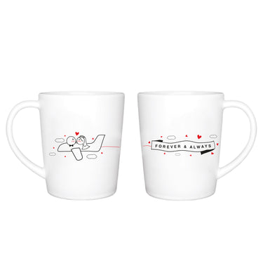 Set of two romantic couples coffee mugs featuring cute designs, perfect wedding engagement gift ideas.