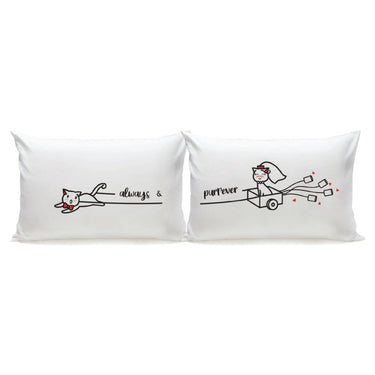 His and hers long pillowcases featuring cute cats with 'always &' and 'purrever' text, perfect wedding gift for cat lovers