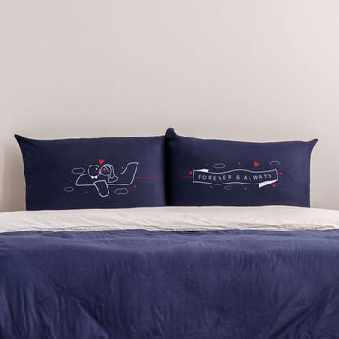 His and hers wedding keepsake pillows with romantic design featuring a couple and hearts, perfect for cozy nights