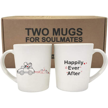 Love-themed mugs for partners boy meets girl cute design featuring car and happily ever after text