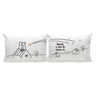 White cat-themed couple pillowcases with chair cat and house doodles, “home is where the meow is”.