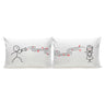 White couple pillowcases featuring musical note line-art and a woman character on right