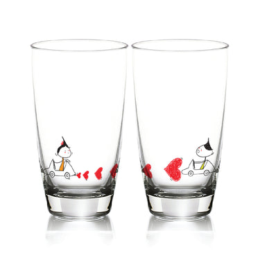 Romantic couple drinking glasses with cute illustrations of a couple in love and heart designs