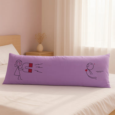 Purple long pillow with cute illustrations perfect for romantic couple gifts on a bed