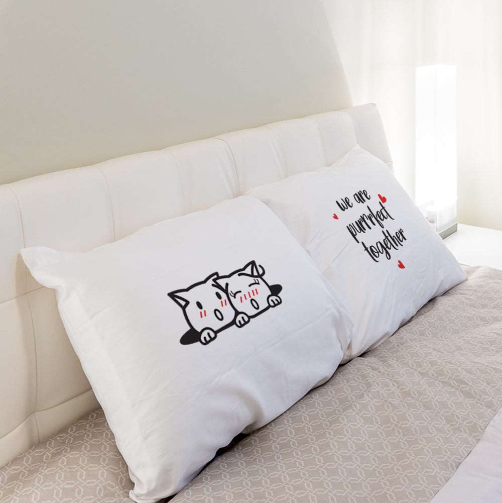 A delightful white pillow adorned with charming cats - a perfect gift for couples, anniversaries, and both him and her.