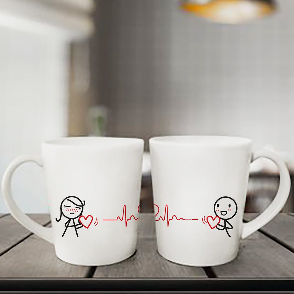 Adorable white mugs featuring hand-drawn couple, perfect for anniversary gifts, and a sweet surprise for both him and her!