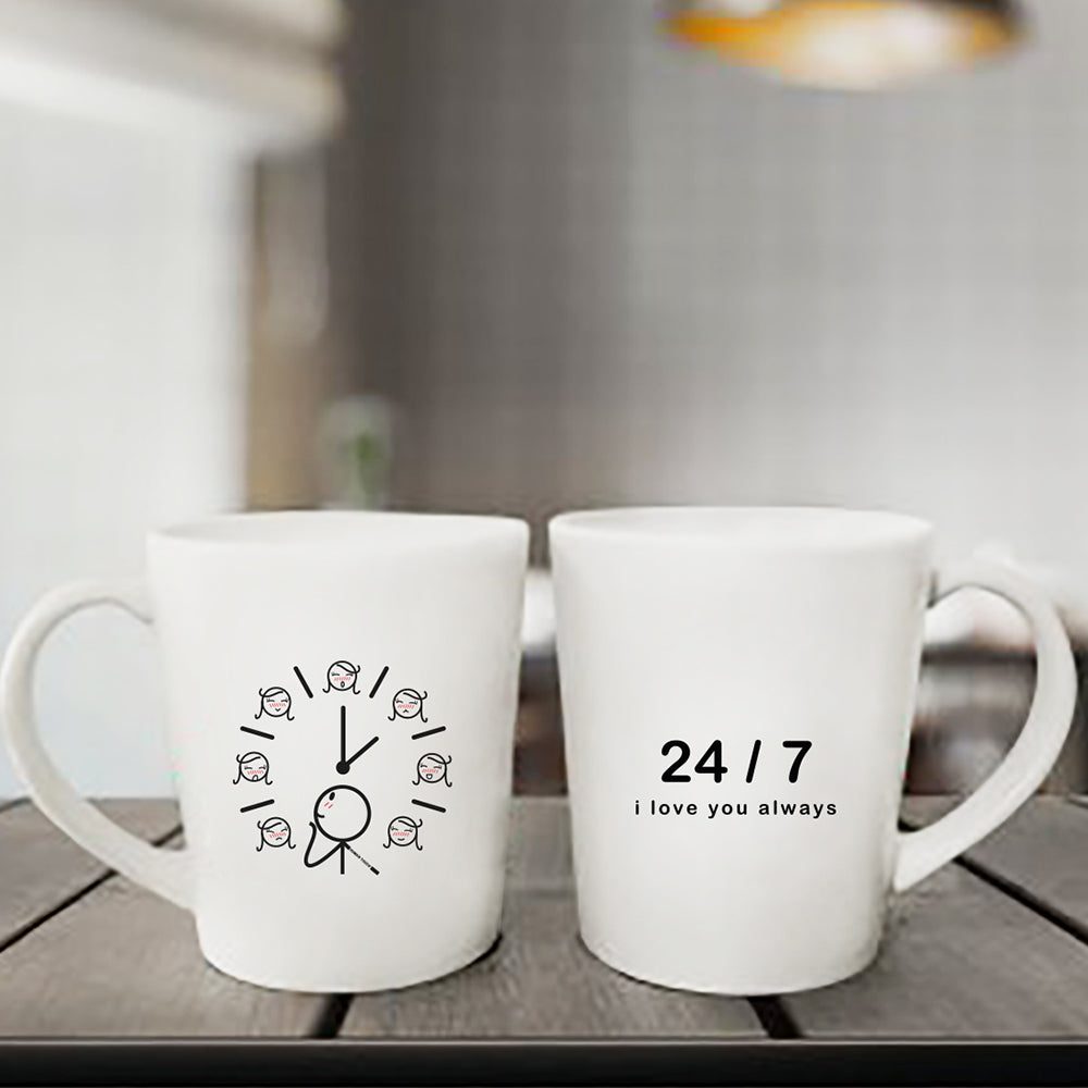 Adorable white mugs featuring a charming clock design and a gentleman, perfect for couples or as an anniversary gift for him or her.