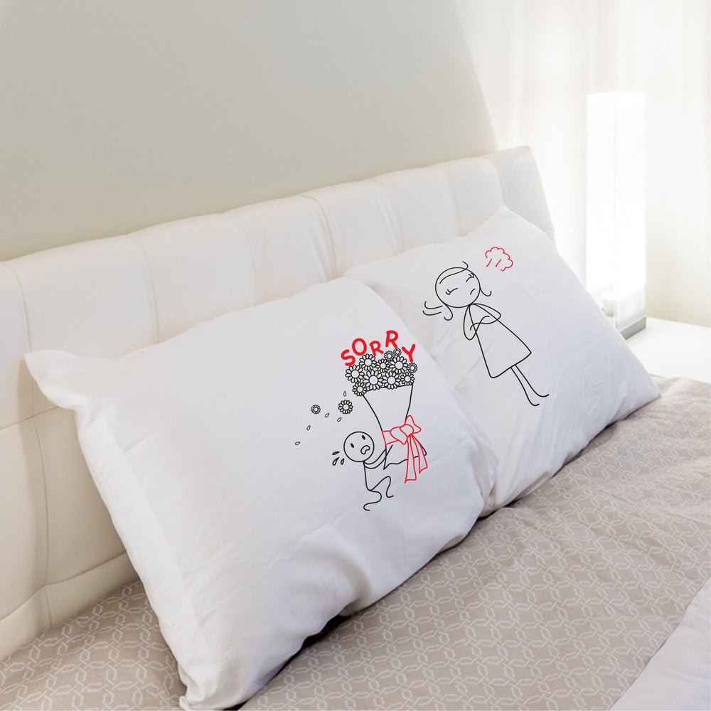 A charming white pillow adorned with delightful drawings, perfect as a gift for couples, anniversaries, or for him and her.