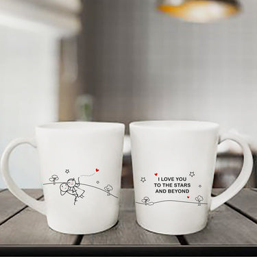 Romantic couples coffee mugs featuring sweet illustrations, perfect as an anniversary gift for boyfriend or girlfriend.