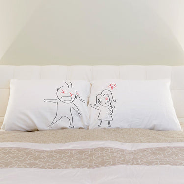 His and hers long pillowcases featuring funny cartoon designs, perfect for a romantic apology gift, Oops My bad funny apology gift.