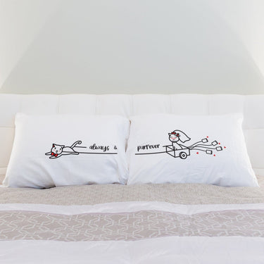 His and hers long pillowcases featuring cute cat designs that make a perfect wedding gift for cat lovers