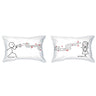 White pillowcases with his name and her name text plus red heart music note design